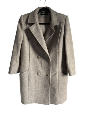 Alorna Vintage Cream/Gray Herringbone Wool Double Breasted Coat, Size Sm/Medium